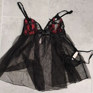 NWT🆕Victoria's Secret Black & Red Lace Lingerie Set 2pc Babydoll Thong
